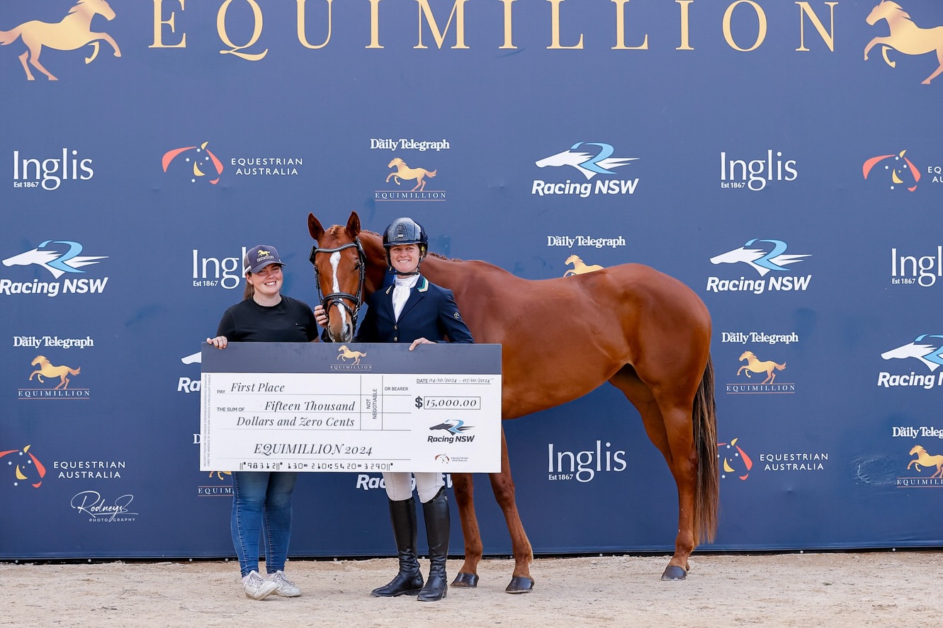 Hazel Shannon with a horse and winning cheque at Equimillions